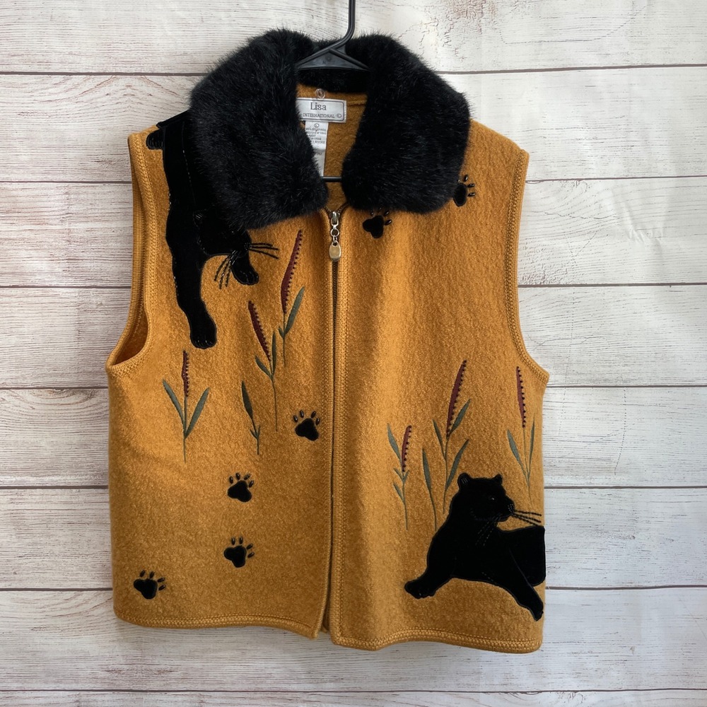 VINTAGE LISA INTERNATIONAL 100% WOOL VEST WITH APPLIQUED BLACK PANTHERS